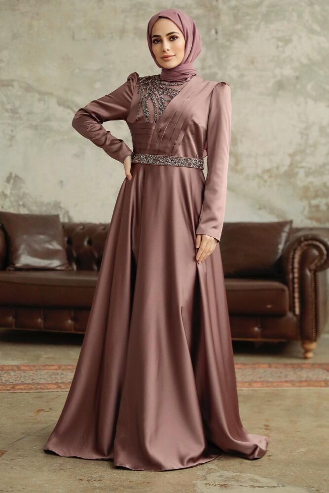Satin Copper Islamic Wedding Dress 3967BKR - 1