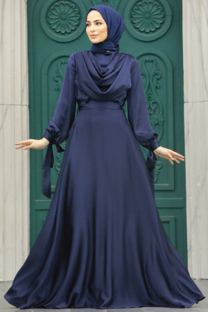 Neva Style - Satin Dark Navy Blue Islamic Long Sleeve Maxi Dress 38031KL - 2