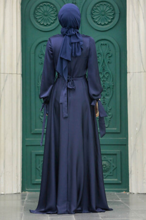 Neva Style - Satin Dark Navy Blue Islamic Long Sleeve Maxi Dress 38031KL - 3