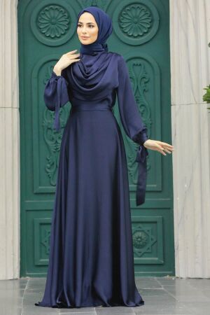 Satin Dark Navy Blue Islamic Long Sleeve Maxi Dress 38031KL - 1