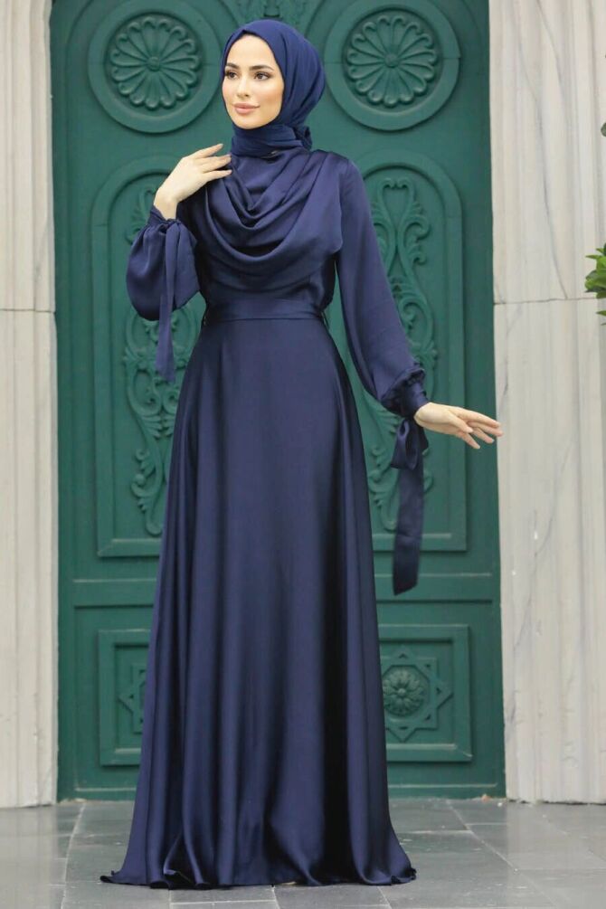 Satin Dark Navy Blue Islamic Long Sleeve Maxi Dress 38031KL - 1