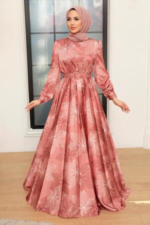 Neva Style - Satin Dark Salmon Pink Islamic Engagement Dress 35670KSMN - 2