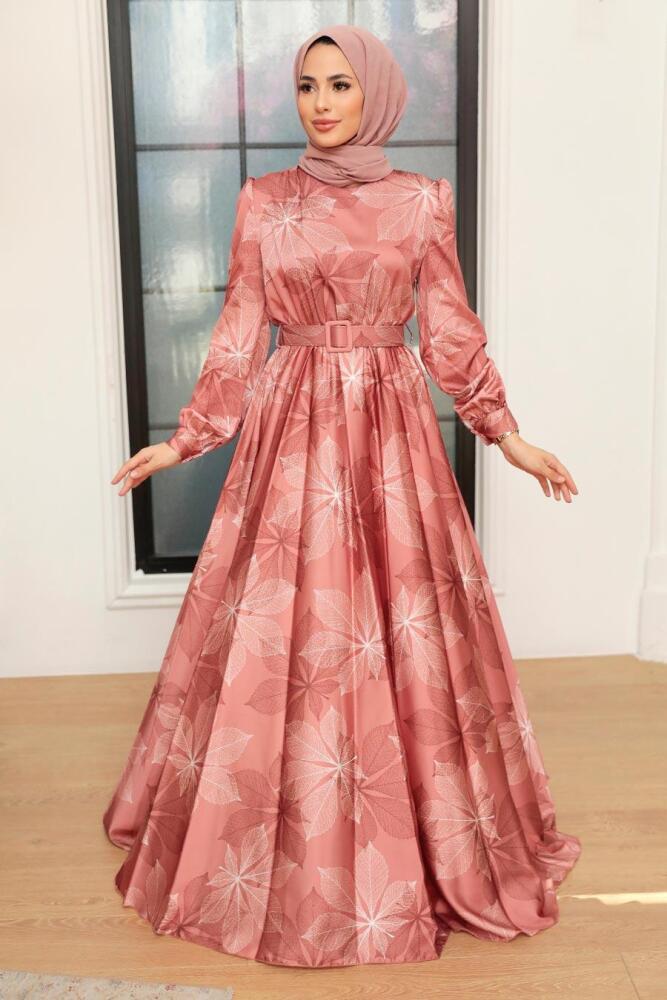 Neva Style - Satin Dark Salmon Pink Islamic Engagement Dress 35670KSMN - 2