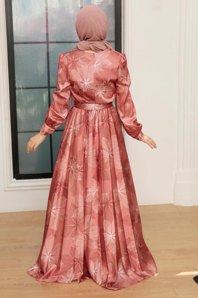 Neva Style - Satin Dark Salmon Pink Islamic Engagement Dress 35670KSMN - 3