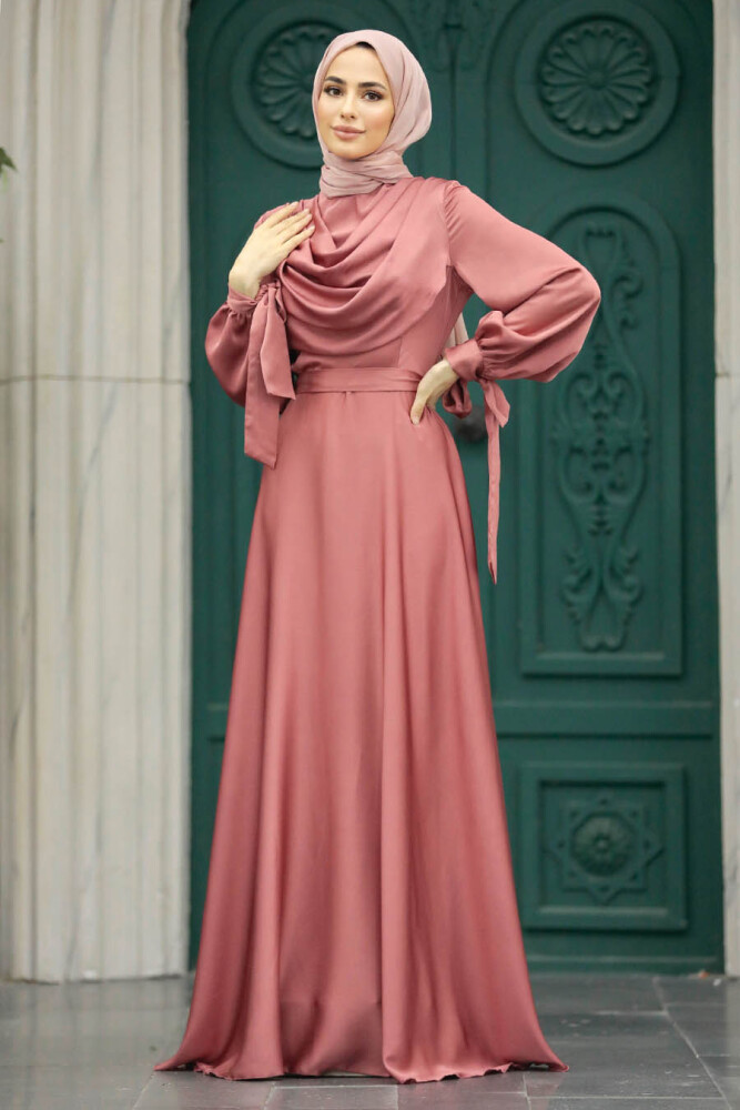 Satin Dark Salmon Pink Islamic Long Sleeve Maxi Dress 38031KSMN - 1