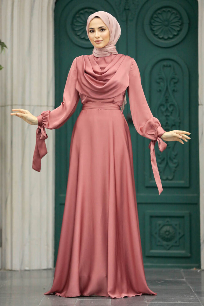 Satin Dark Salmon Pink Islamic Long Sleeve Maxi Dress 38031KSMN - 3