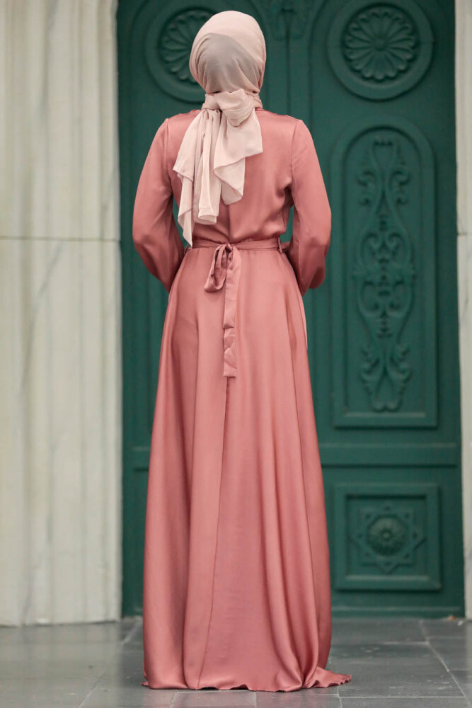 Satin Dark Salmon Pink Islamic Long Sleeve Maxi Dress 38031KSMN - 4