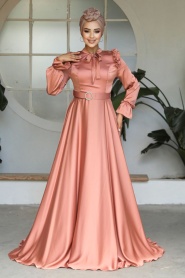 Neva Style - Satin Dark Salmon Pink Muslim Bridal Dress 27240KSMN - Thumbnail