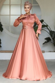 Neva Style - Satin Dark Salmon Pink Muslim Bridal Dress 27240KSMN - Thumbnail