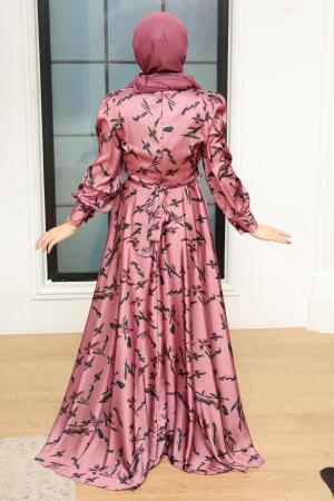 Neva Style - Satin Dusty Rose Hijab Dress 3438GK - 2