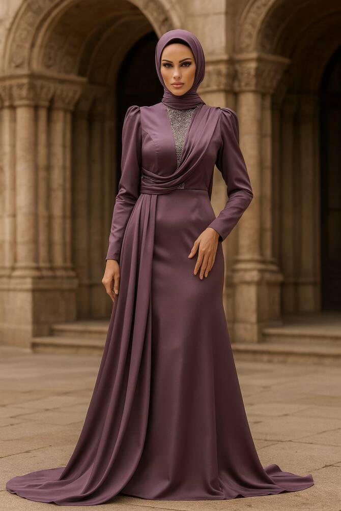 Satin Dusty Rose Hijab Wedding Dress 22891GK - 1