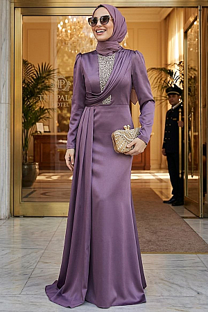 Satin Dusty Rose Hijab Wedding Dress 22891GK - 1