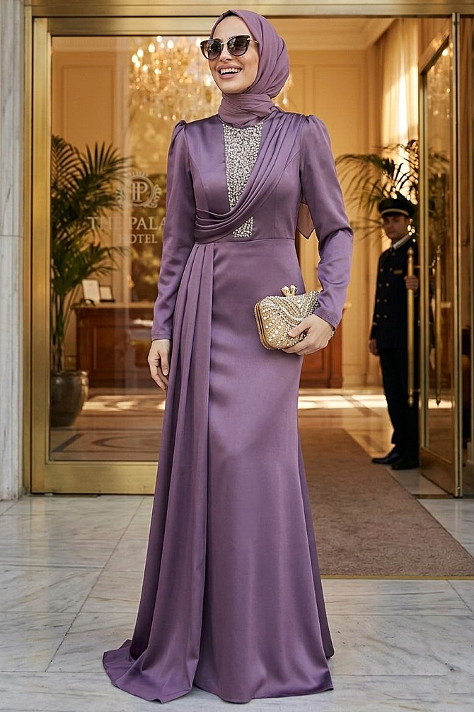 Satin Dusty Rose Hijab Wedding Dress 22891GK - 1