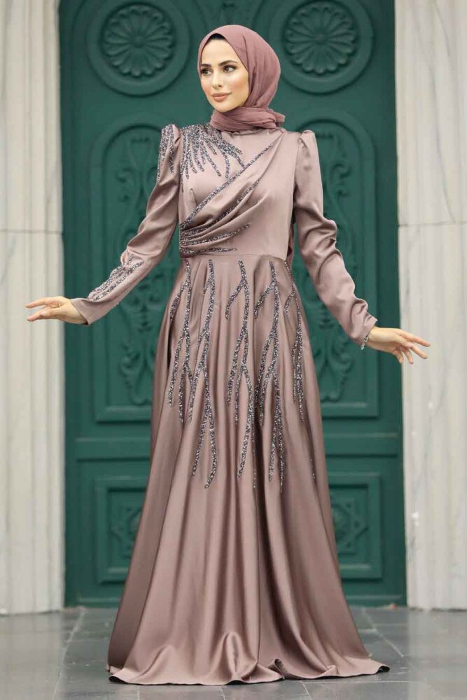 Satin Dusty Rose Islamic Long Sleeve Dress 3984GK - 1
