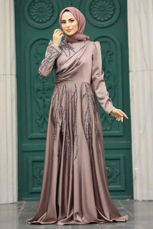 Satin Dusty Rose Islamic Long Sleeve Dress 3984GK - 2