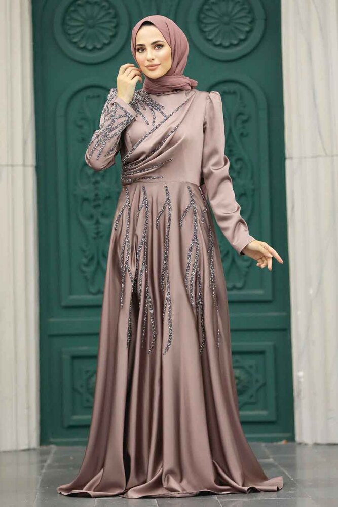 Satin Dusty Rose Islamic Long Sleeve Dress 3984GK - 2