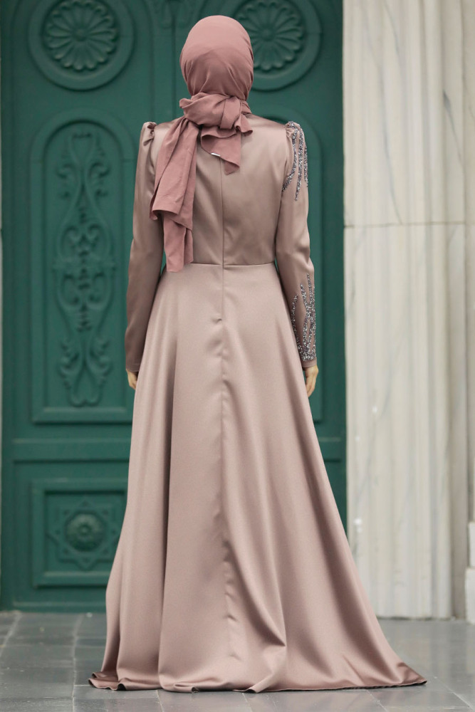 Satin Dusty Rose Islamic Long Sleeve Dress 3984GK - 3