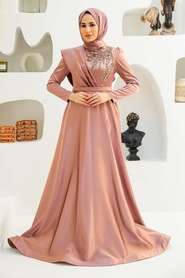 Neva Style - Satin Dusty Rose Modest Islamic Clothing Evening Dress 22441GK - Thumbnail
