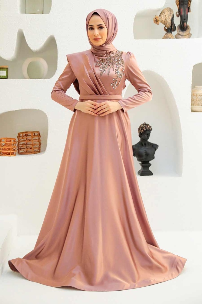 Neva Style - Satin Dusty Rose Modest Islamic Clothing Evening Dress 22441GK - 1