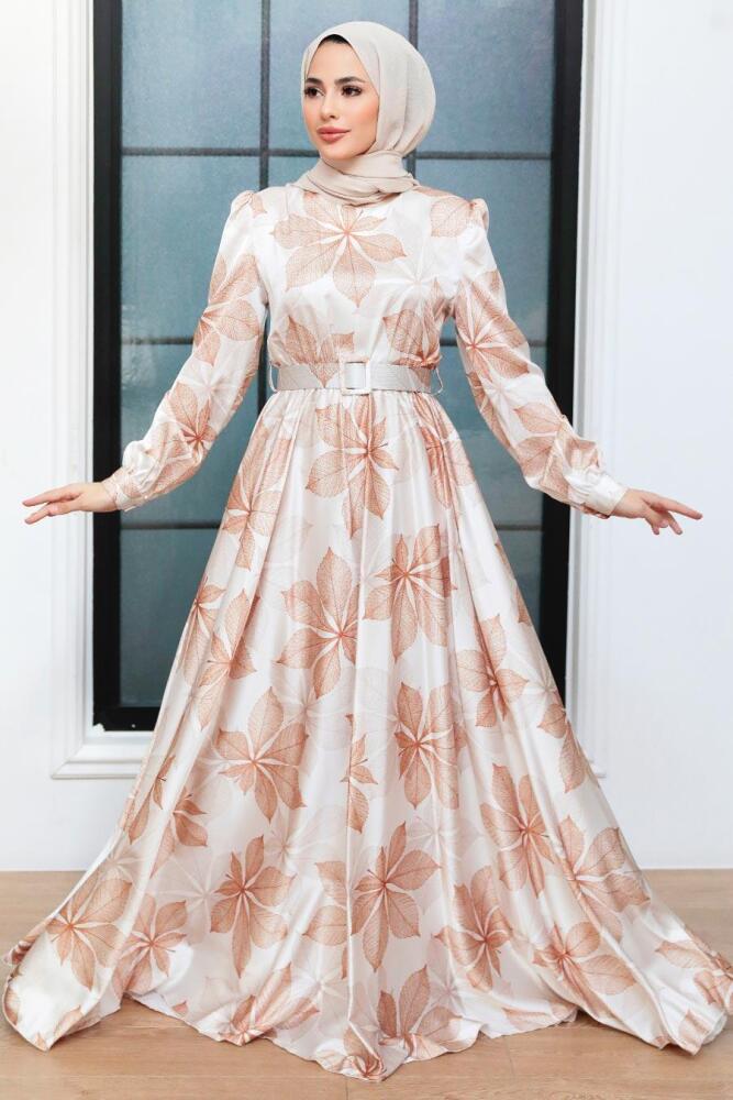 Neva Style - Satin Ecru Islamic Engagement Dress 35670E - 1