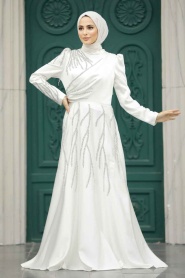 Neva Style - Satin Ecru Islamic Long Sleeve Dress 3984E - Thumbnail