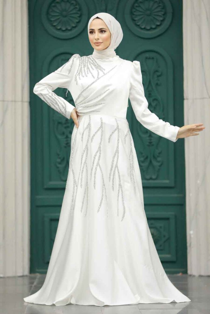 Neva Style - Satin Ecru Islamic Long Sleeve Dress 3984E - 1