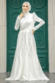 Neva Style - Satin Ecru Islamic Long Sleeve Dress 3984E - Thumbnail