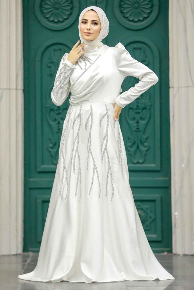 Neva Style - Satin Ecru Islamic Long Sleeve Dress 3984E - 2