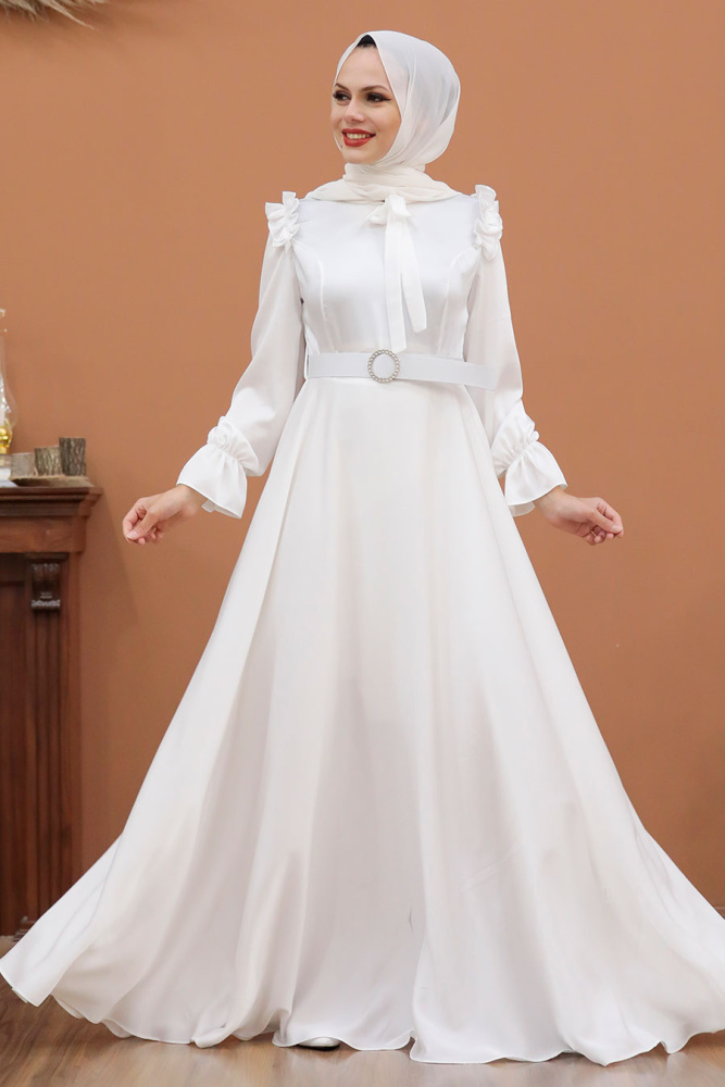 Neva Style -Satin Ecru Muslim Bridal Dress 27240E - 2