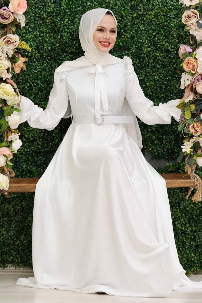 Neva Style -Satin Ecru Muslim Bridal Dress 27240E - 1