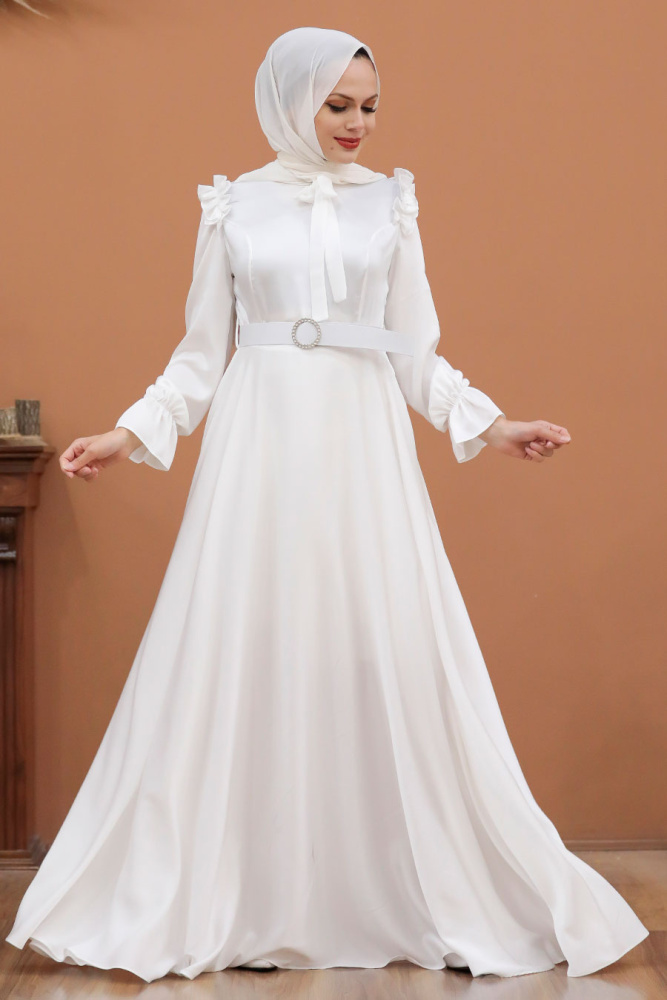 Neva Style -Satin Ecru Muslim Bridal Dress 27240E - 3
