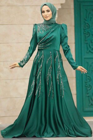 Satin Emerald Green Islamic Long Sleeve Dress 3984ZY - 2