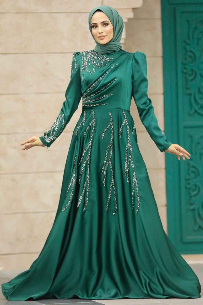 Satin Emerald Green Islamic Long Sleeve Dress 3984ZY - 2