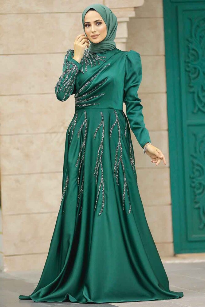 Satin Emerald Green Islamic Long Sleeve Dress 3984ZY - 1
