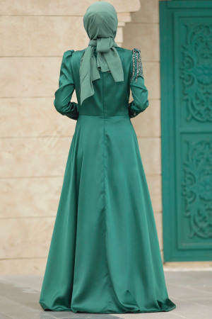 Satin Emerald Green Islamic Long Sleeve Dress 3984ZY - 3