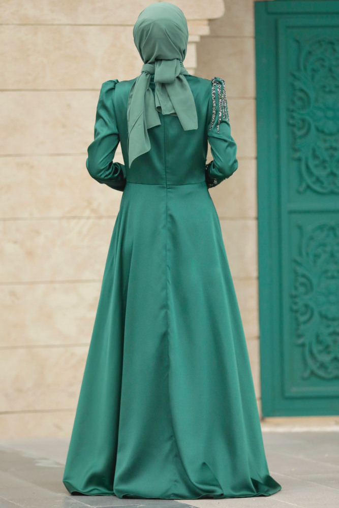 Satin Emerald Green Islamic Long Sleeve Dress 3984ZY - 3