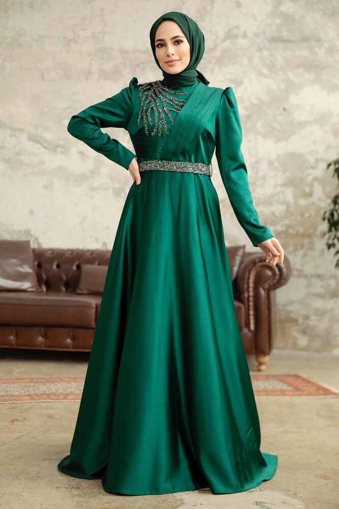 Satin Emerald Green Islamic Wedding Dress 3967ZY - 1