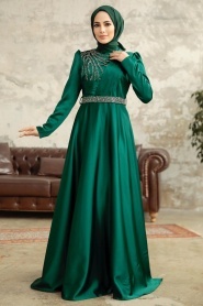 Neva Style - Satin Emerald Green Islamic Wedding Dress 3967ZY - Thumbnail