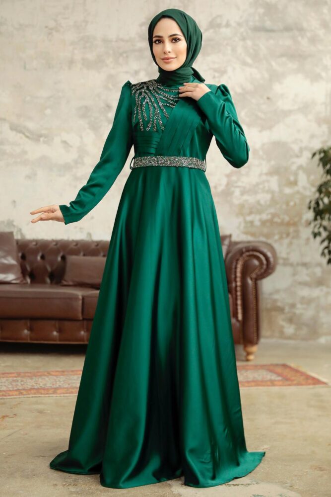 Satin Emerald Green Islamic Wedding Dress 3967ZY - 3