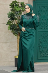 Neva Style - Satin Emerald Green Modest Islamic Clothing Evening Dress 41312ZY - Thumbnail