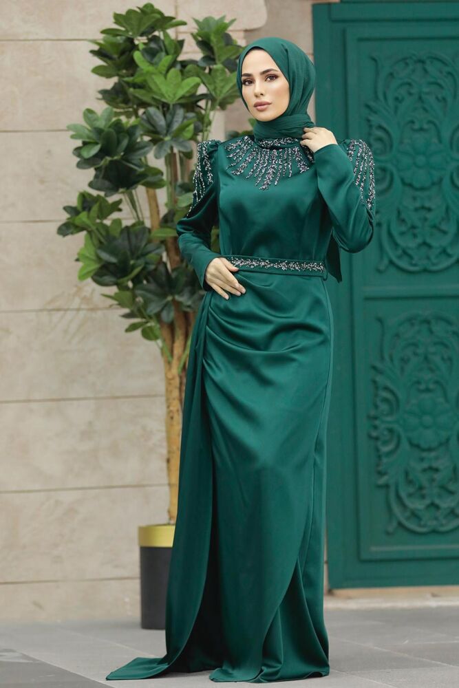 Satin Emerald Green Modest Islamic Clothing Evening Dress 41312ZY - 2