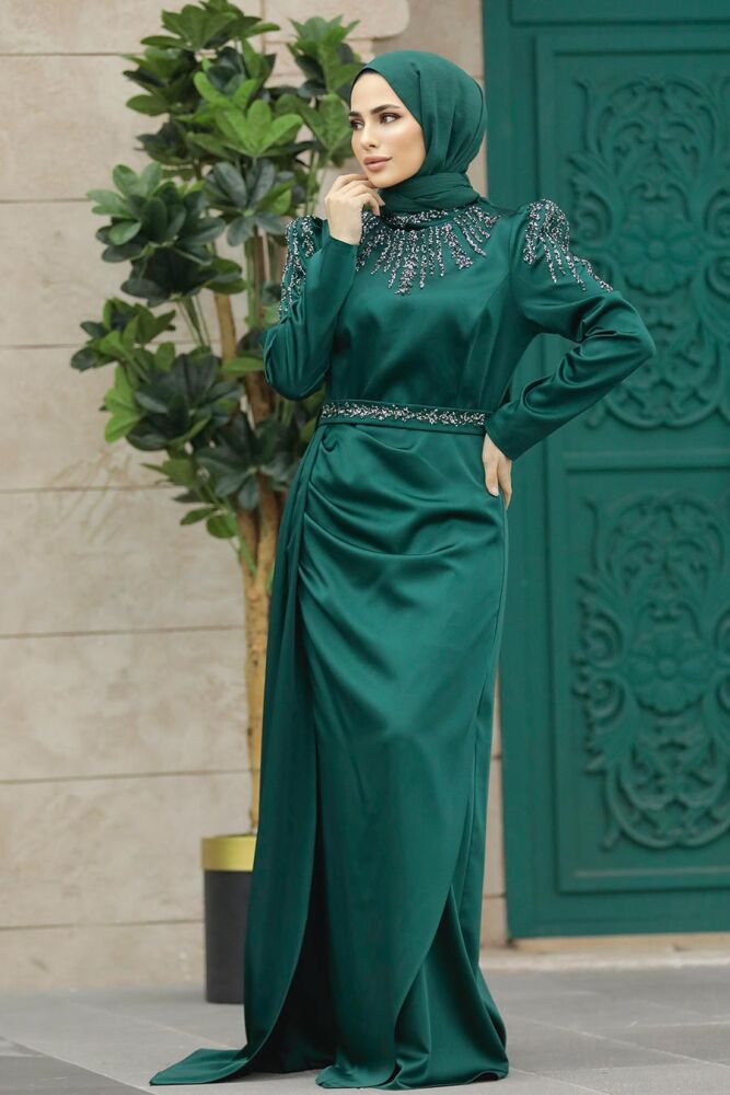 Satin Emerald Green Modest Islamic Clothing Evening Dress 41312ZY - 1