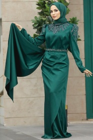 Neva Style - Satin Emerald Green Modest Islamic Clothing Evening Dress 41312ZY - Thumbnail