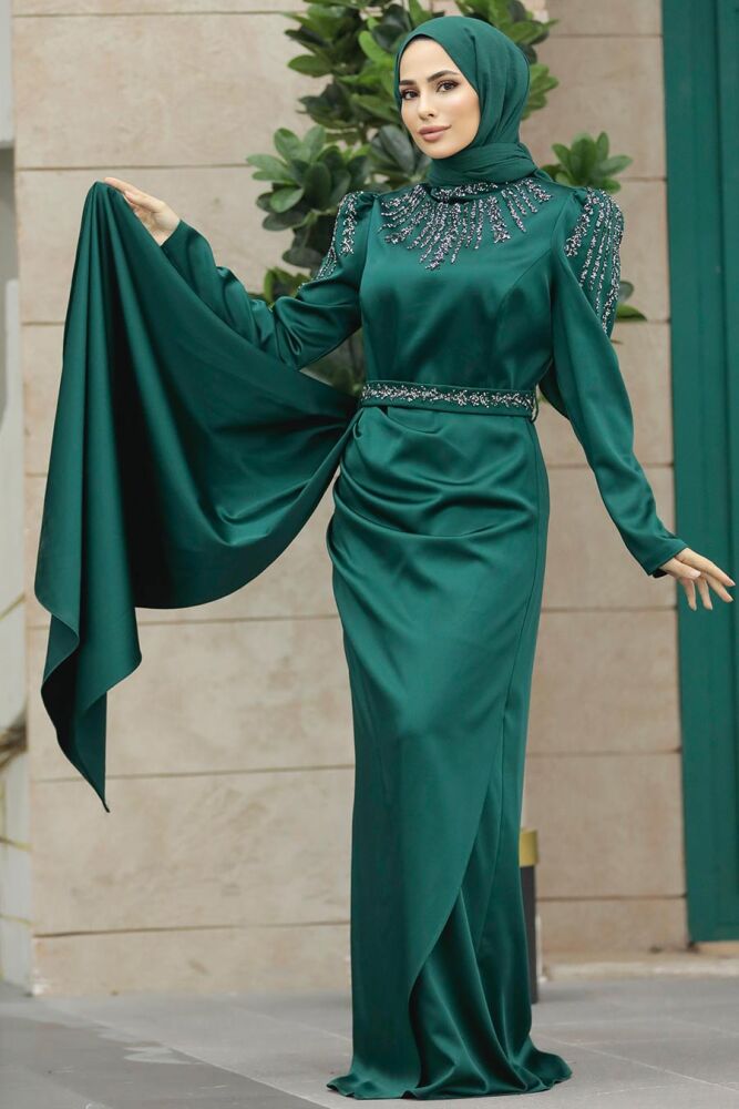 Satin Emerald Green Modest Islamic Clothing Evening Dress 41312ZY - 3