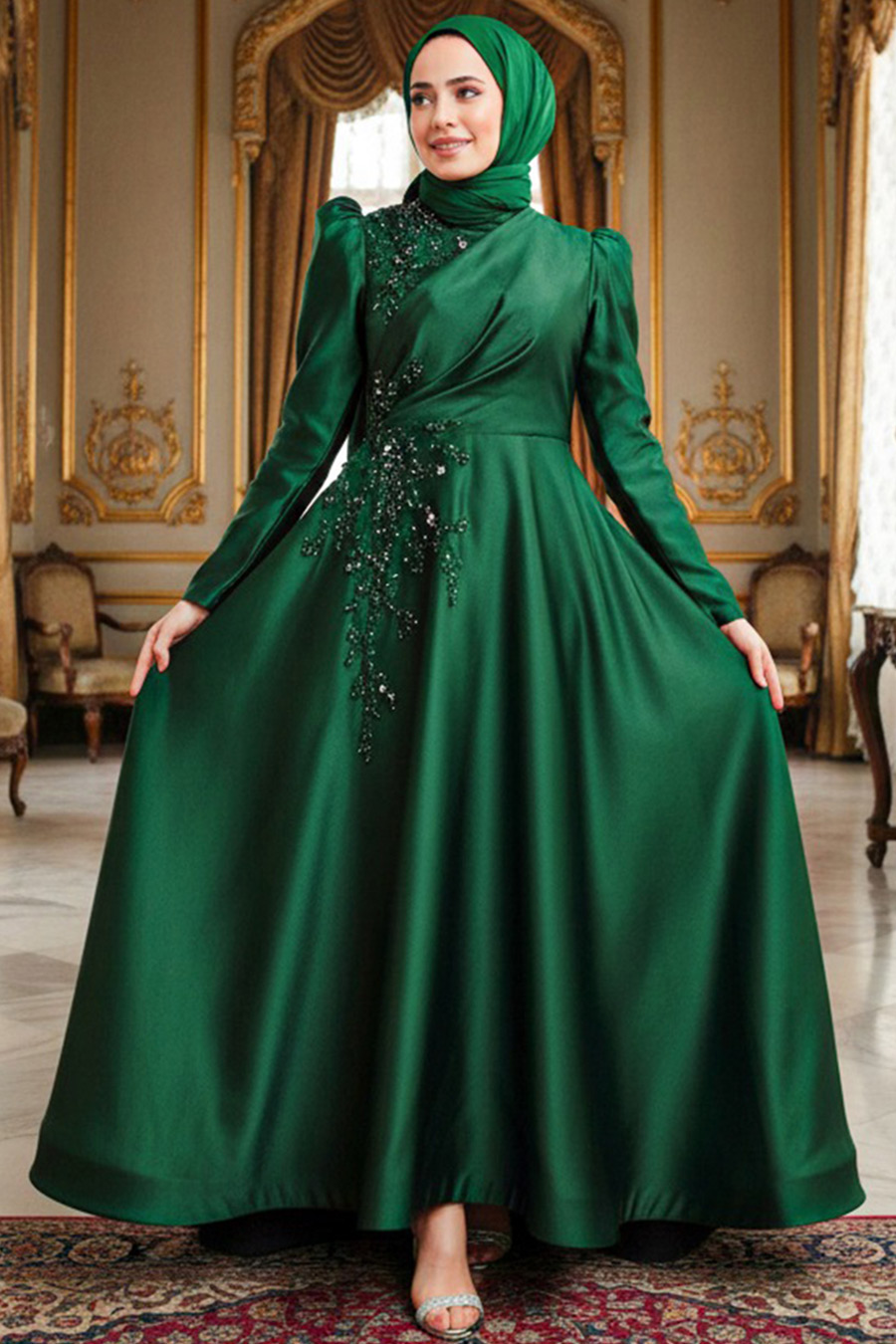 green emerald velvet dress Zapaka Women Ivory Satin Midi Engagement Dress with Long Sleeves Peaked Lapel A Line Bridal Dress, Dusty Sage / US26W main image 1