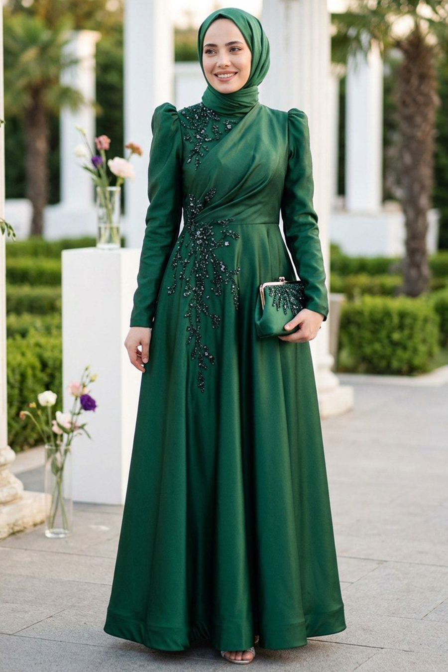 Neva Style - Satin Emerald Green Muslim Engagement Dress 22460ZY -  tesetturisland.com