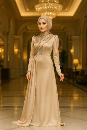 Satin Gold Hijab Wedding Dress 22891GOLD - 1