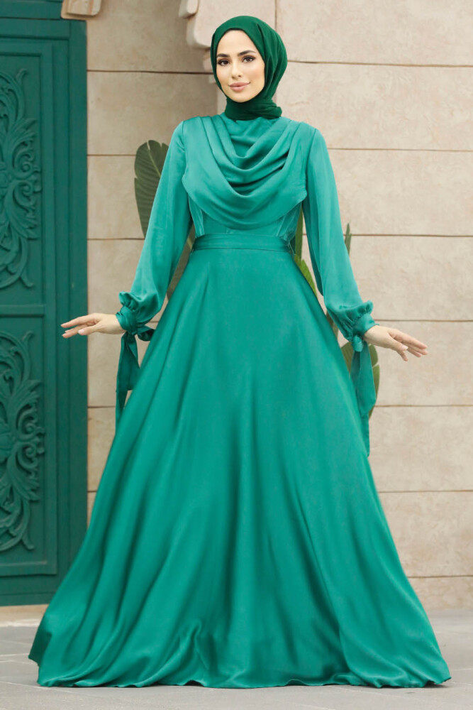 Satin Green Islamic Long Sleeve Maxi Dress 38031Y - 1