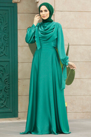 Neva Style - Satin Green Islamic Long Sleeve Maxi Dress 38031Y - Thumbnail