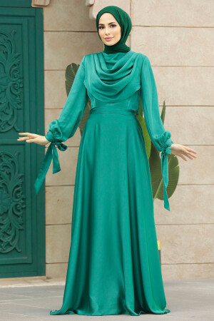 Neva Style - Satin Green Islamic Long Sleeve Maxi Dress 38031Y - Thumbnail